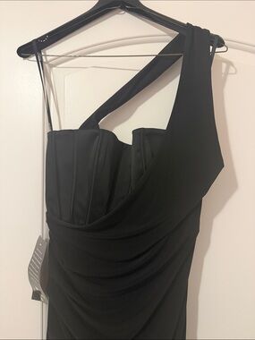 bebe Black One-Shoulder Draped Evening Dress